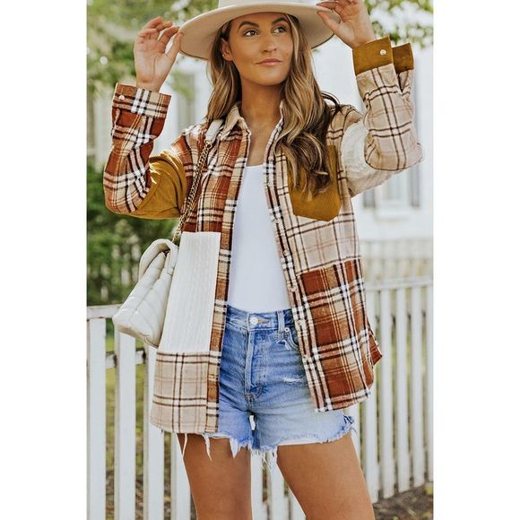 Azura Exchange  Orange Plaid Color Block Patchwork Shirt Jacket with Pocket - Picture 6 of 15